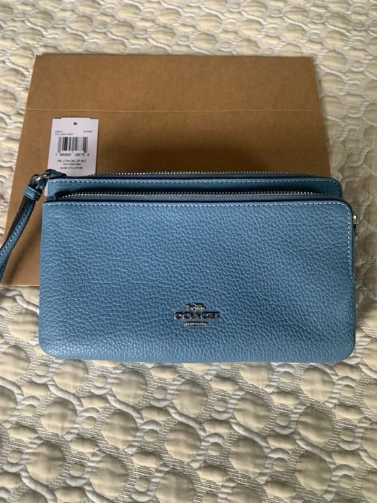 Coach Pebbled Leather Zip Wallet in Dusty Blue with Silver Logo - Picture 2 of 12